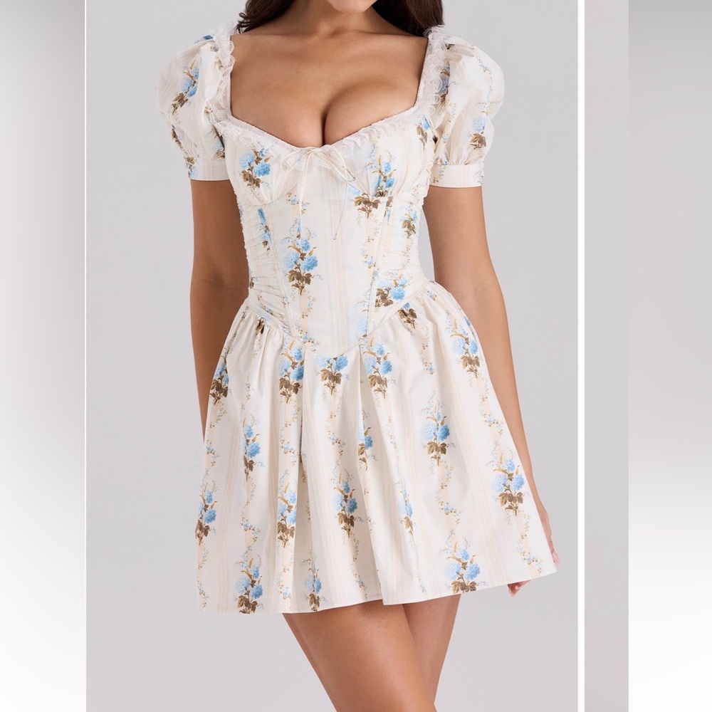 House of CB Issa ruffle Floral A-Line Mini Dress in Cream and Blue XS